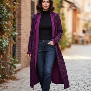 Relativity $88 Medium Cardigan Pink Purple Black Chevron Open Front Duster Long‎